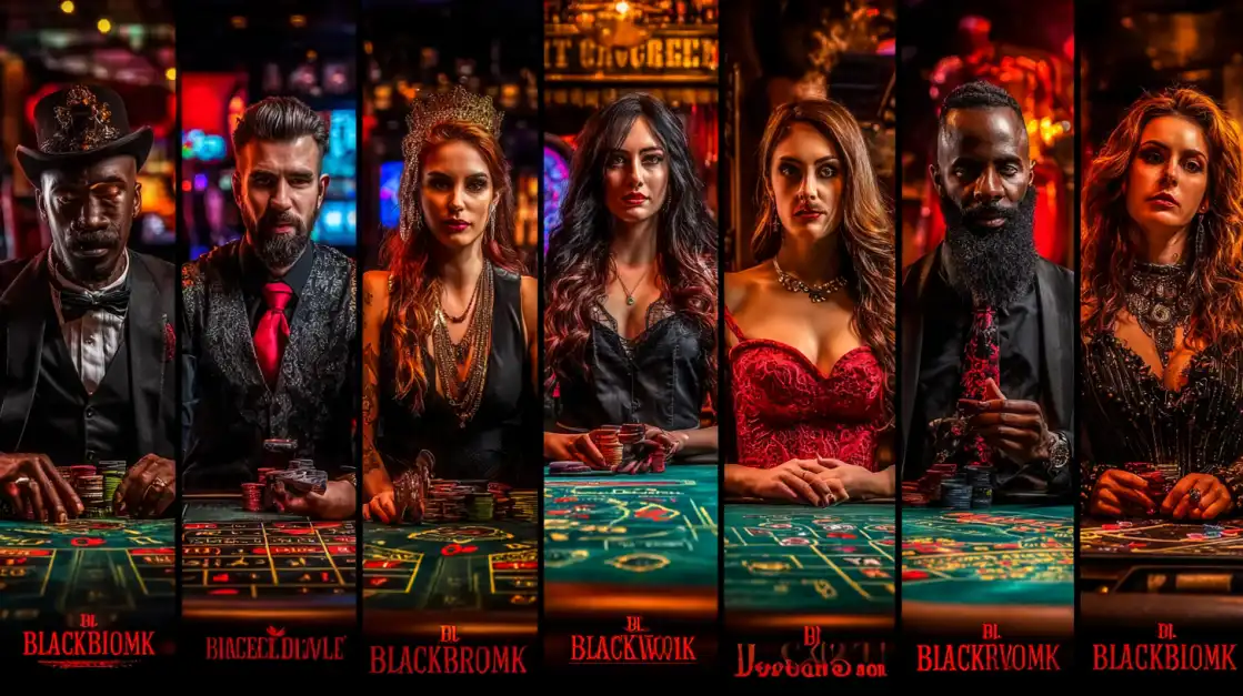 Diverse group of stylish casino players at blackjack tables featuring elegant dealers and players in sophisticated attire