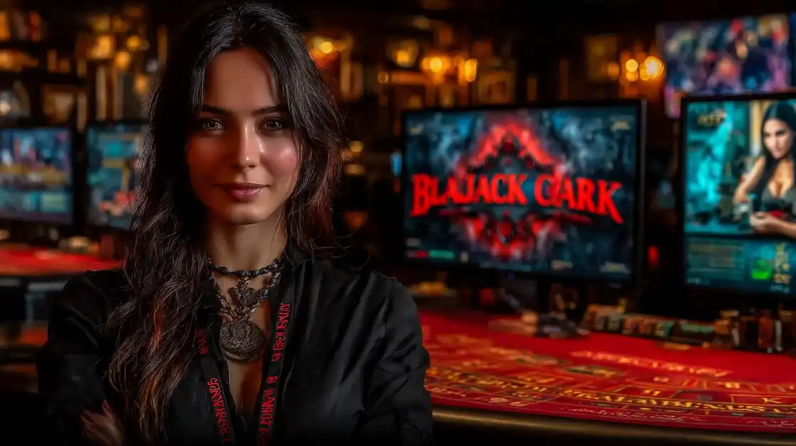 Professional female live dealer in elegant black attire at blackjack table with gaming screens in luxury casino environment