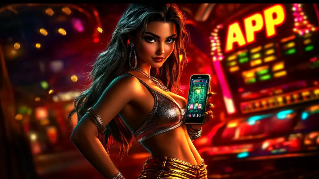 Glamorous woman in golden outfit holding smartphone with casino app against vibrant neon city lights background