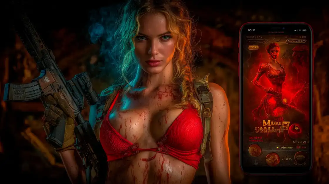 Blonde woman in red outfit with tactical gear holding mobile phone displaying action game interface