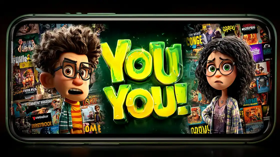 Two animated characters with glasses on mobile phone screen with You You text and movie posters background