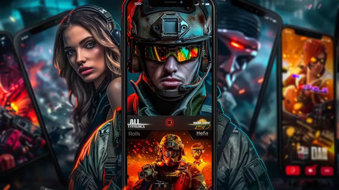 Military-themed couple in tactical gear with mobile device displaying combat game interface