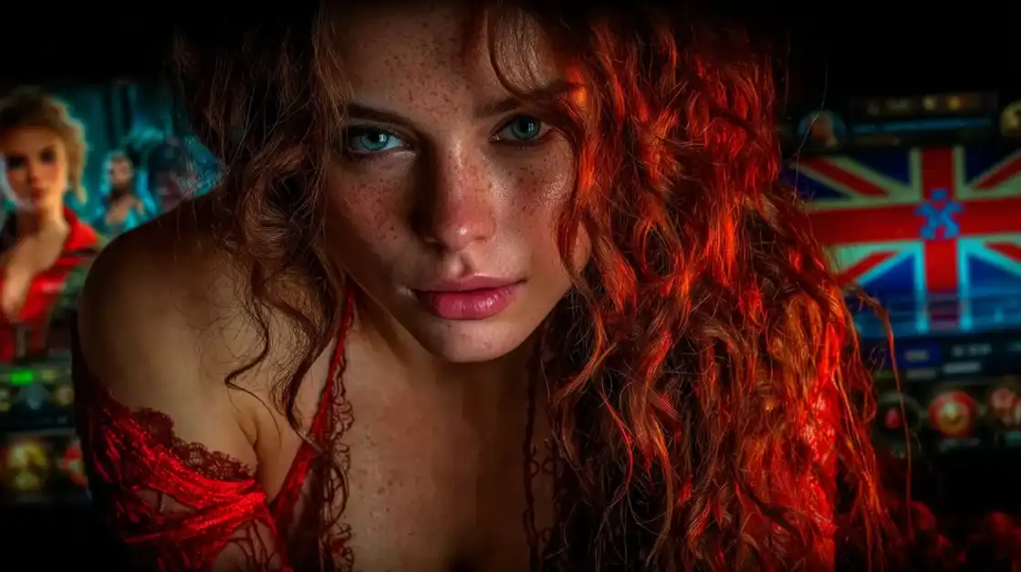 Portrait of red-haired woman with freckles in red lingerie against colorful casino background with British flag elements