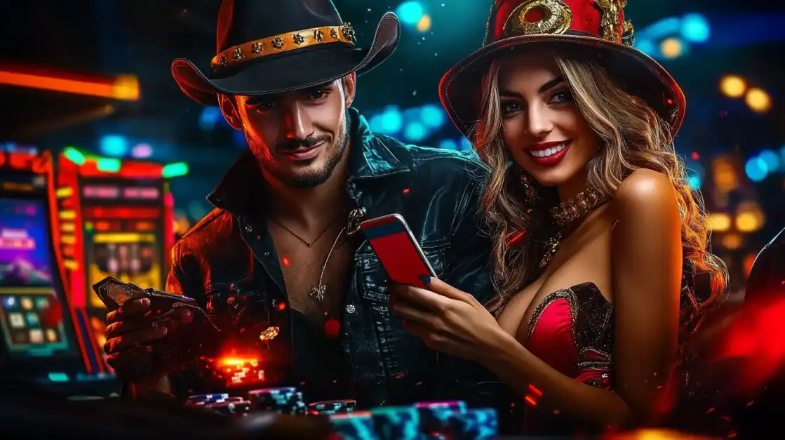 Stylish couple in western attire with cowboy hats playing mobile casino games in vibrant neon-lit casino environment