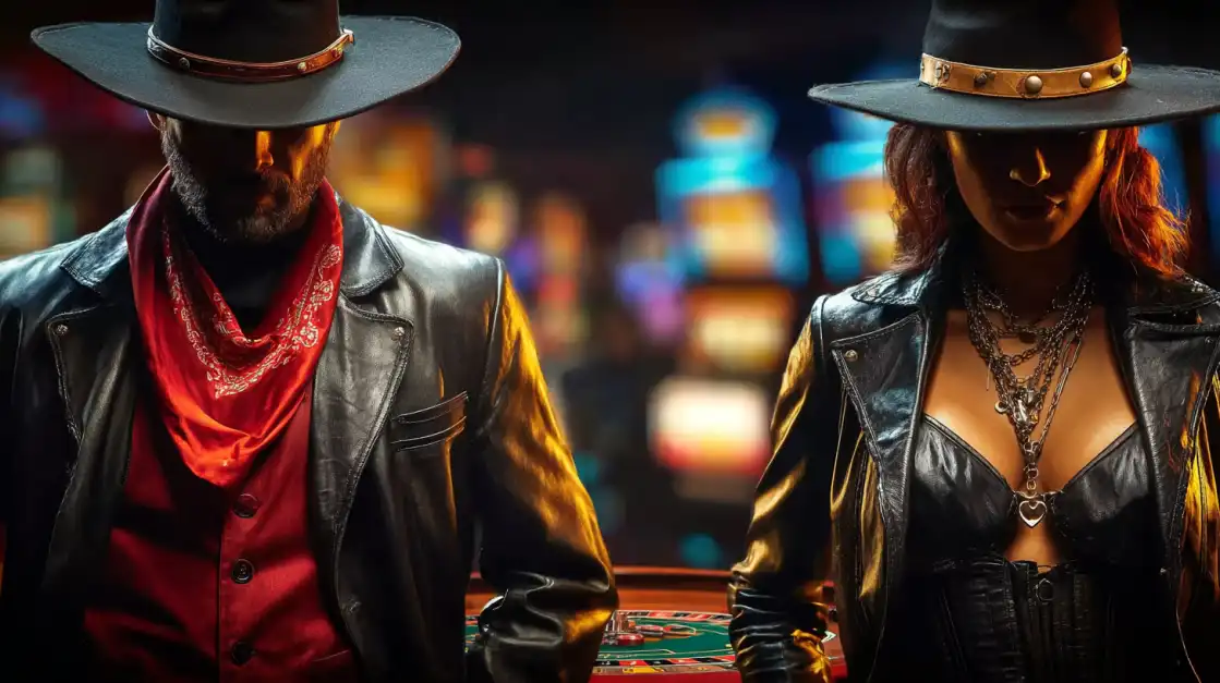 Mysterious outlaw couple in black hats and leather jackets at casino table with chips and cards