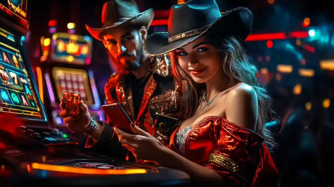 Cowboy and cowgirl in western attire enjoying casino slot machines in atmospheric saloon setting