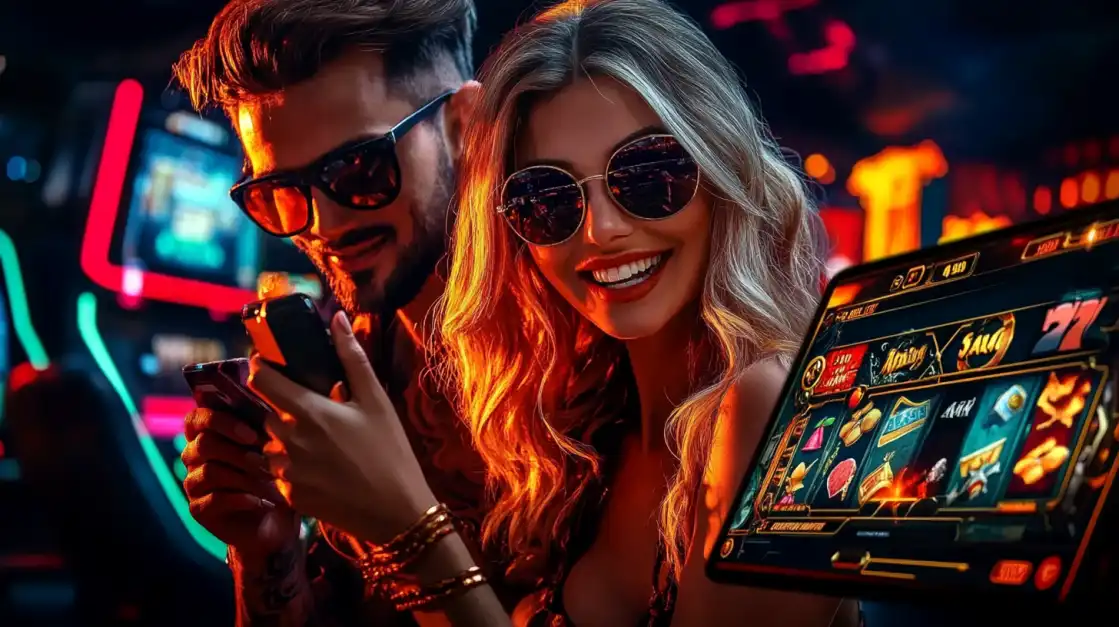 Happy young couple wearing sunglasses enjoying slot machine games together in vibrant neon-lit casino environment