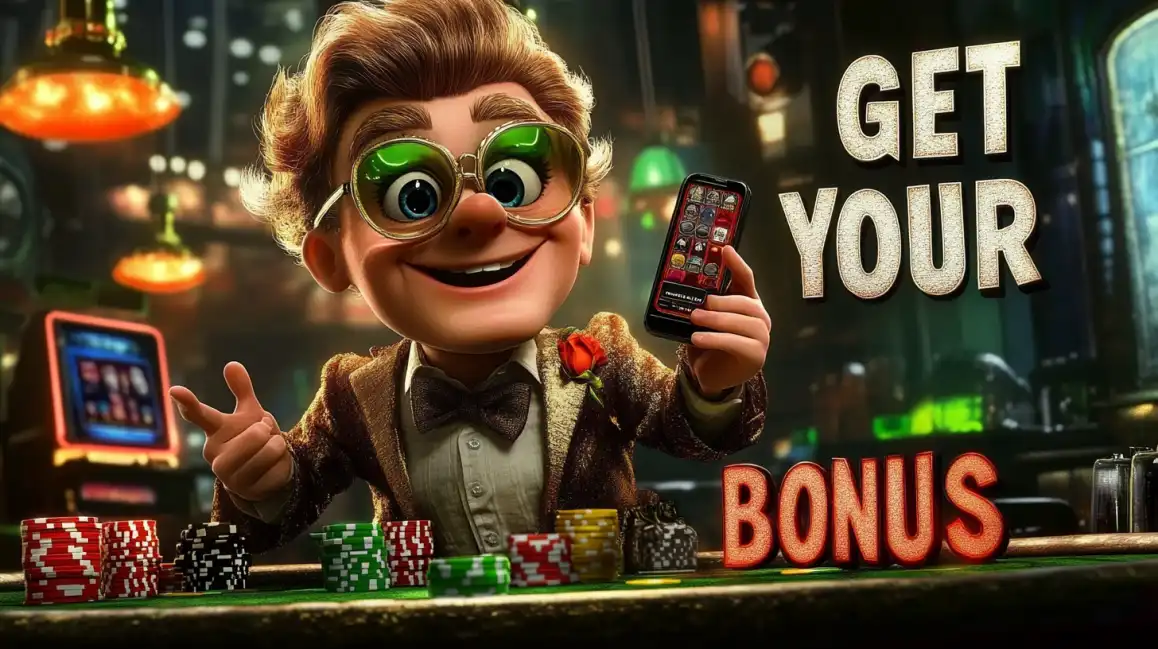 Animated casino mascot character with green glasses holding smartphone and poker chips with get your bonus text
