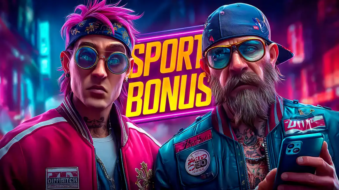 Two cyberpunk-styled individuals with pink hair and sunglasses in neon environment with sport bonus text overlay