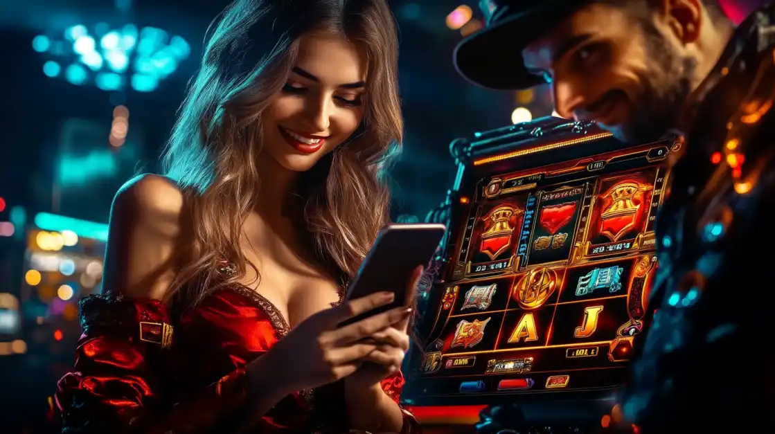 Sophisticated couple in formal attire at casino slot machine, woman using mobile phone in atmospheric lighting