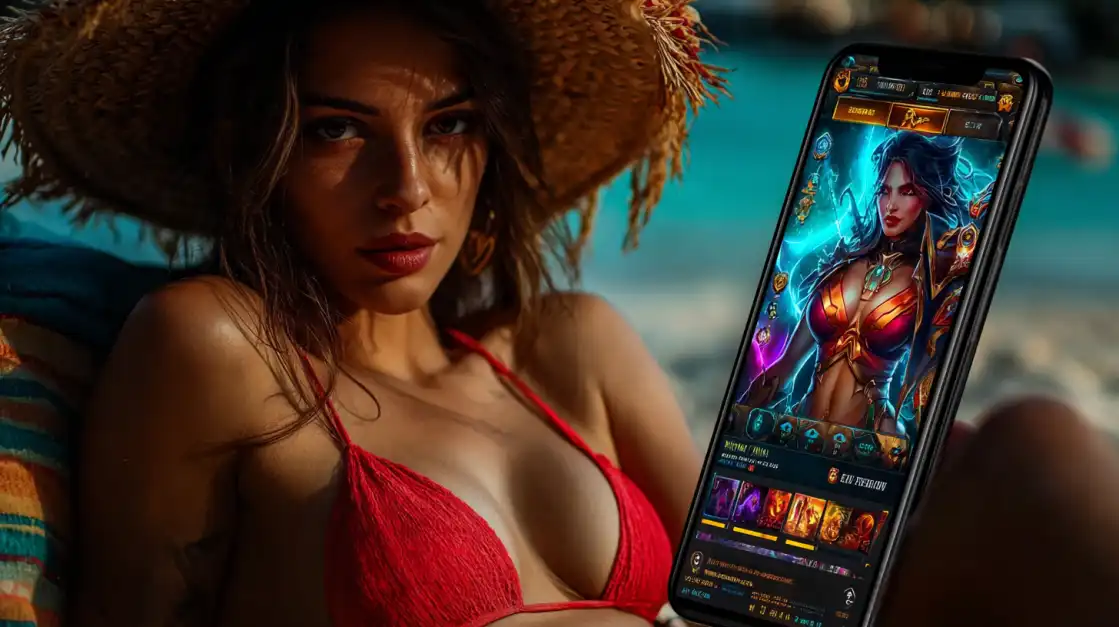 Woman in red bikini and straw hat relaxing on beach while playing fantasy slot game on smartphone