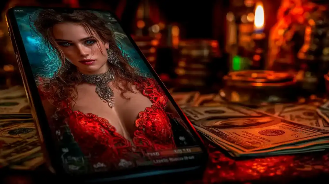 Smartphone displaying elegant woman in red dress on screen surrounded by playing cards and casino ambiance with candlelight