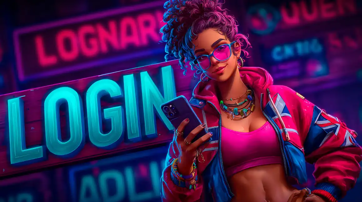 Stylish girl with curly hair and pink sunglasses holding phone against bright LOGIN neon signs in cyberpunk casino setting