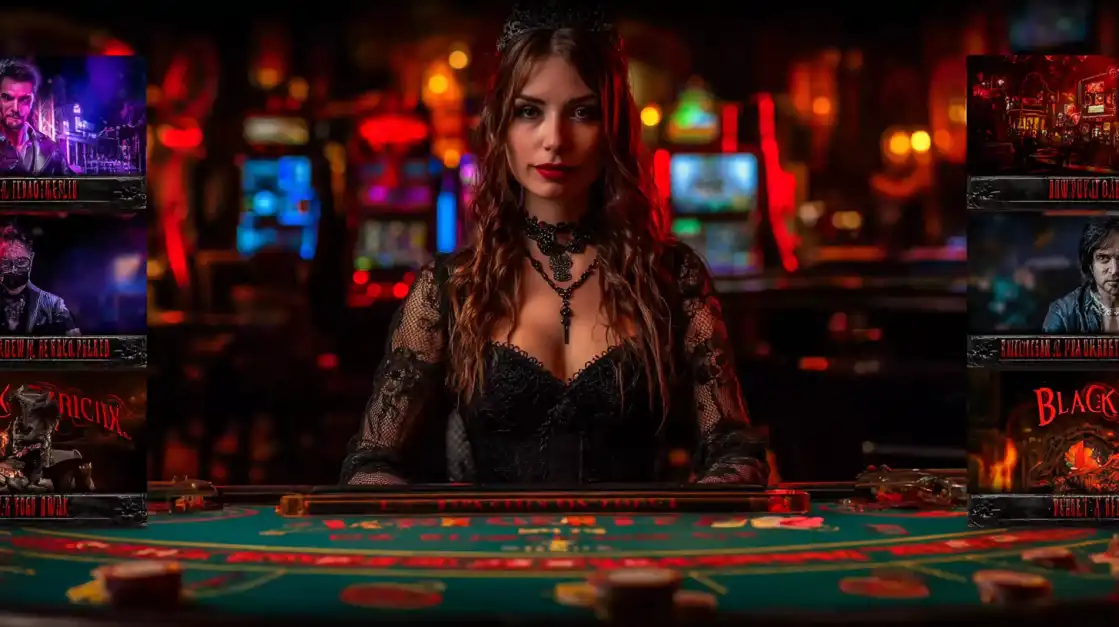 Elegant female blackjack dealer with long hair and gothic jewelry at casino table with atmospheric lighting and game screens