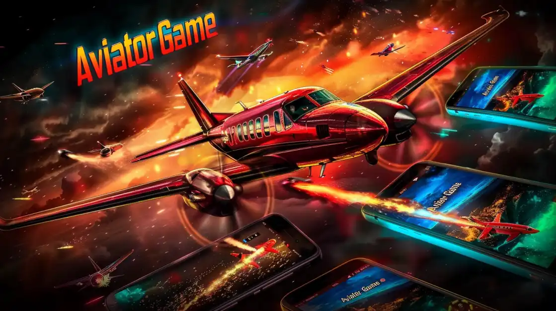 Red twin-engine aircraft flying through dramatic sky with mobile devices showing Aviator game interface