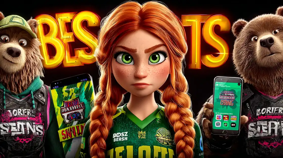Cheerful girl with braided hair and cute animal mascots holding smartphones displaying casino slot games
