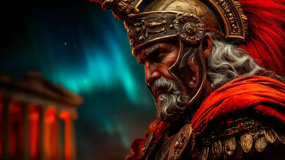 Majestic Roman centurion in ornate armor with red cloak against ancient temple background for epic casino gaming experience