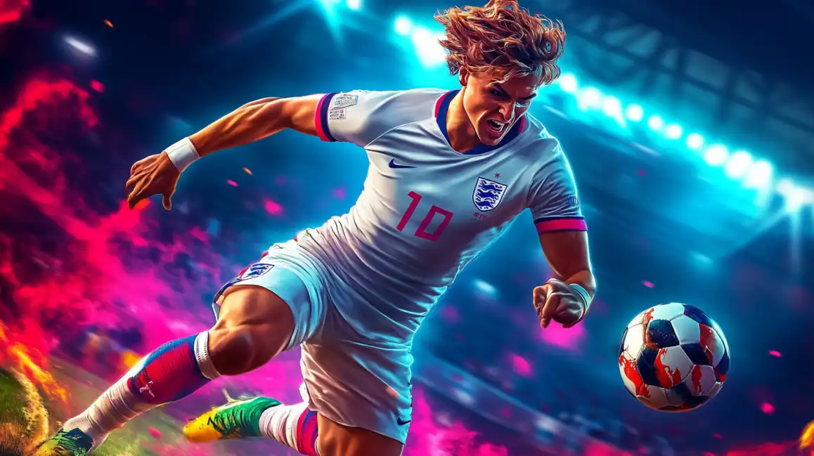 Dynamic England football player in white jersey dribbling ball in electrifying stadium atmosphere