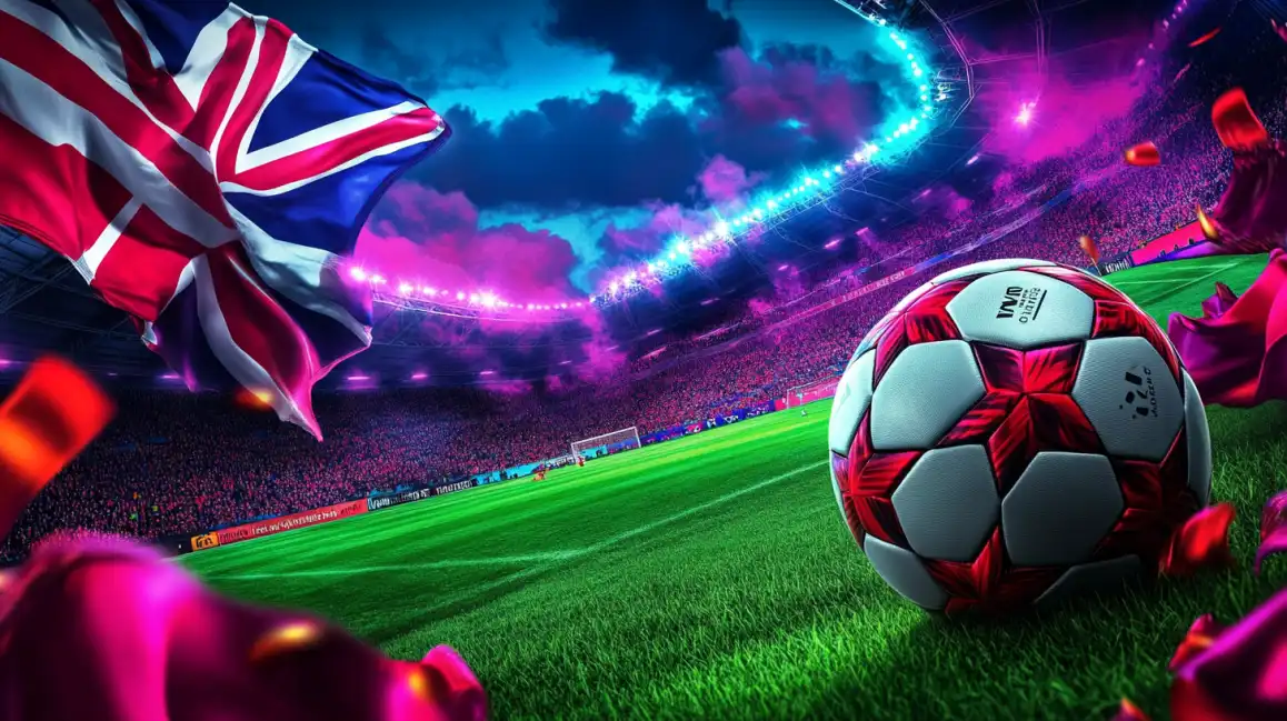 Vibrant football stadium with British flag and soccer ball showcasing sports betting excitement
