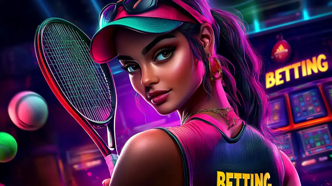 Stylish female tennis player with racket in neon-lit environment with betting displays in background