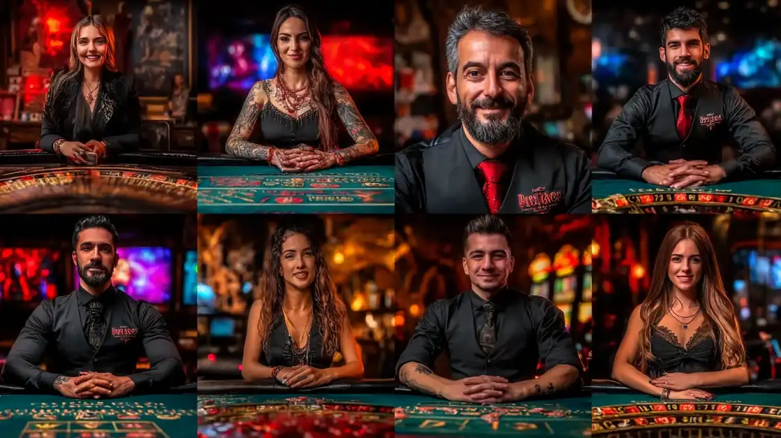 Professional team of live casino dealers including men and women in formal black attire at various gaming tables